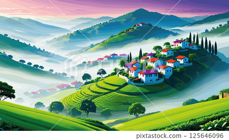 Picturesque Village on Rolling Green Hills at Sunrise 125646096