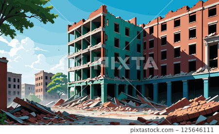 Abandoned Ruined City with Collapsing Buildings 125646111