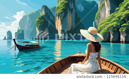 Woman on Wooden Boat Exploring Tropical Lagoon 125646139