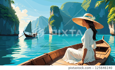 Woman on Wooden Boat Exploring Tropical Lagoon Woman on Wooden Boat Exploring Tropical Lagoon 125646140