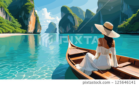 Woman on Wooden Boat Exploring Tropical Lagoon 125646141