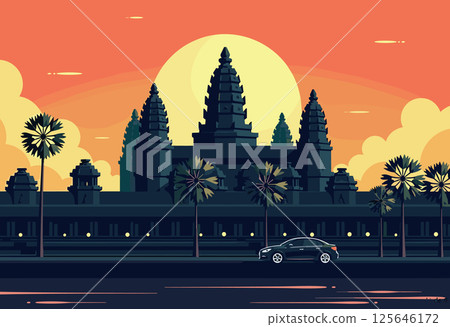Vibrant Digital Illustration of Angkor Wat at Sunset 125646172