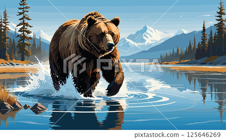Majestic Brown Bear Walking Through Mountain River 125646269