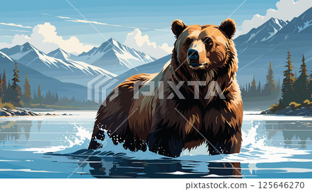 Majestic Brown Bear Walking Through Mountain River 125646270