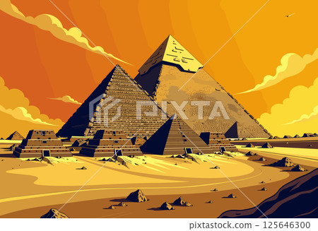 Vibrant Digital Illustration of the Pyramids of Giza 125646300