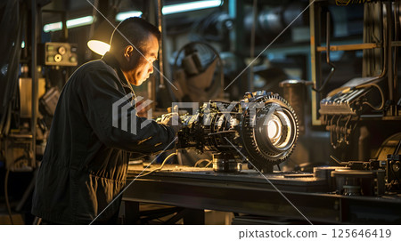 Skilled automotive technician inspecting an automatic Skilled automotive technician inspecting an automatic 125646419