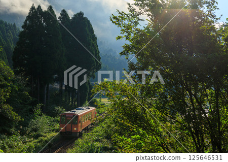 An orange diesel railcar on the Echigo-Minami-Hoku Line appears in Miyama in the backlight. An orange diesel railcar on the Echigo-Minami-Hoku Line appears in Miyama in the backlight. 125646531