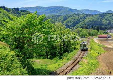 行駛在青倉地區新綠色中的飯山線柴油列車 125646593