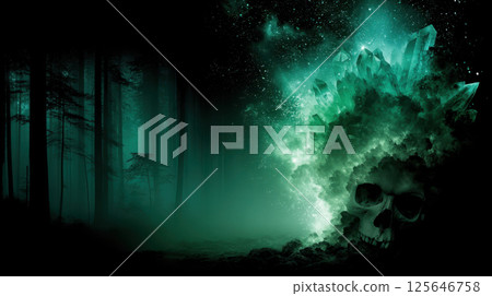 Glowing crystal forest human skull mist night mysterious fantasy eerie green 125646758