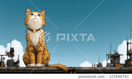 Giant orange cat sitting peacefully on rooftop in futuristic city under blue sky 125646761