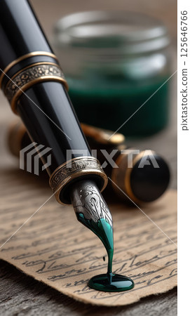 Elegant fountain pen dripping green ink on paper Elegant fountain pen dripping green ink on paper 125646766