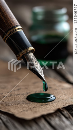 Fountain pen dripping green ink onto paper, creating vivid splash Fountain pen dripping green ink onto paper, creating vivid splash 125646767