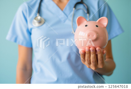 Doctor in medical uniform holding pink piggy bank in hand, healthcare cost savings and hospital budget financial support concept photo 125647018