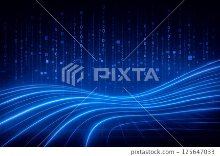 Futuristic digital wave with binary data flow glowing neon lines abstract cyber landscape background for big data internet technology and science 125647033