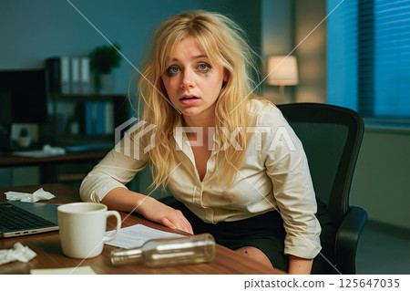 Corporate burnout. Confused woman with messy hair and smeared makeup sitting in office after night party looking shocked and tired wearing formal clothes Corporate burnout. Confused woman with messy hair and smeared makeup sitting in office after night party looking shocked and tired wearing formal clothes 125647035
