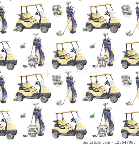 Watercolor golf cart and equipment seamless pattern with bags, clubs, and grass 125647065