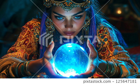 A female fortune teller gazing at a crystal ball 125647181