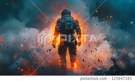 爆炸中火焰吞噬了一名戰士的背部 爆炸中火焰吞噬了一名戰士的背部 125647183