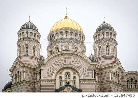 Close-Up of Domes on a Beautiful Religious Building with Gold Accents 125647490