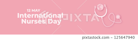 International nurses day vector wide horizontal banner or poster with stethoscope isolated on pink background. vector 12 May Happy nurses day icon or sign design template 125647940