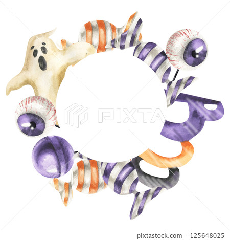 Striped orange and purple candies,scary eye ball, mystery ghost and Boo characters watercolor frame. Hand drawn Halloween template with sweets and lollipops for seasonal packing,poster,card design 125648025