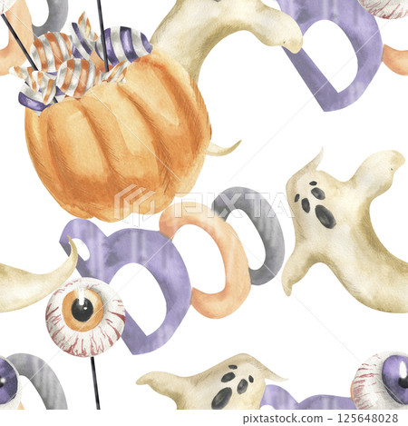 Pumpkin backet with candies and scary eye lollipops,flying ghost and Halloween traditional Boo characters seamless pattern. Kid's trick or treat background for seasonal packing, wrapping design Pumpkin backet with candies and scary eye lollipops,flying ghost and Halloween traditional Boo characters seamless pattern. Kid's trick or treat background for seasonal packing, wrapping design 125648028
