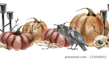 Autumn Halloween seamless border with orange and red pumpkins,black raven bird,skull and candlesticks watercolor illustration. Hand drawn gothic banner with bones and dead symbol for concept design 125648032
