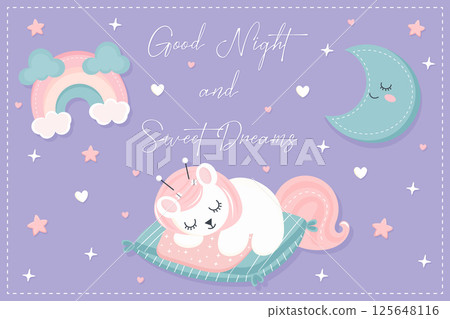 good night and sweet dreams flat vector illustration in pastel colors 125648116