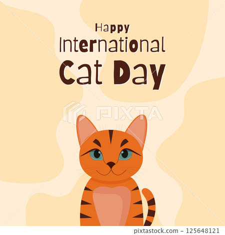 happy international cat day poster with ginger cat flat vector illustration 125648121