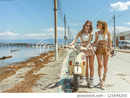 一位騎摩托車旅行的女士的形象 125648203