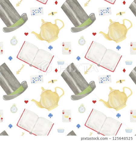 Watercolor seamless pattern top hot, key, clock, teapot, book, playing cards, keyhole isolated on white background. wonderland. For childish fabric, wallpaper, birthday cards, invitations, scrapbook. Watercolor seamless pattern top hot, key, clock, teapot, book, playing cards, keyhole isolated on white background. wonderland. For childish fabric, wallpaper, birthday cards, invitations, scrapbook. 125648525