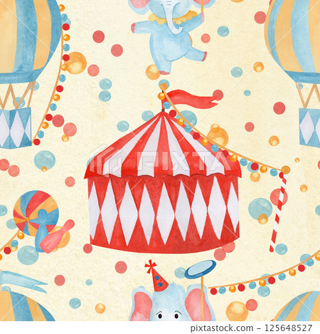 Watercolor hand drawn circus illustration featuring elephants, balloons, tents, and colorful decoration on yellow backgrounds. For kids' party invitations, nursery decor, or playful stationery designs Watercolor hand drawn circus illustration featuring elephants, balloons, tents, and colorful decoration on yellow backgrounds. For kids' party invitations, nursery decor, or playful stationery designs 125648527