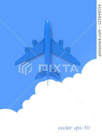 Airplane on a blue background, top view .Banner for travel and summer holidays . Airplane on a blue background, top view .Banner for travel and summer holidays . 125648554