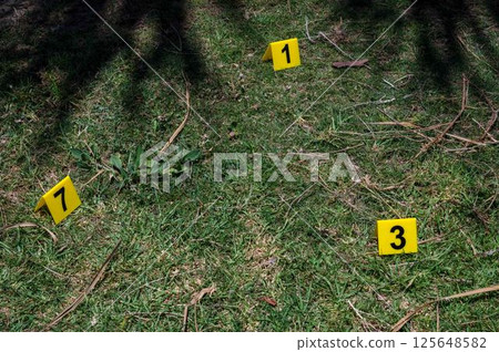 Three yellow crime scene markers on green grass Three yellow crime scene markers on green grass 125648582