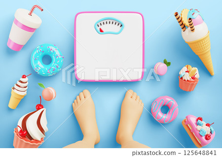 Man or woman character legs, scale around sweet desserts. Weight measure, obesity and unhealthy food. Junk snacks, sugar and fast carbohydrates. Overeating addiction, stress render. 3D illustration 125648841