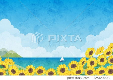 Watercolor style landscape illustration of sunflowers and summer sea Watercolor style landscape illustration of sunflowers and summer sea 125648849