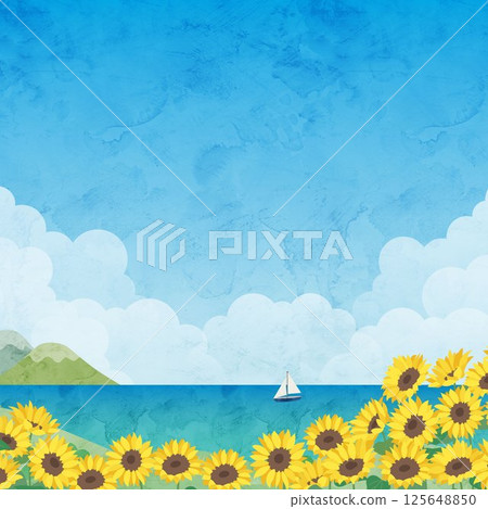 Watercolor style landscape illustration of sunflowers and summer sea Watercolor style landscape illustration of sunflowers and summer sea 125648850
