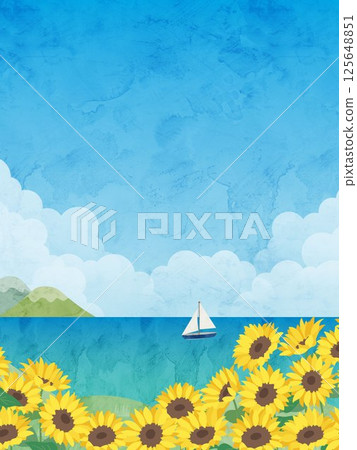 向日葵與夏日大海的水彩風格風景插畫 125648851
