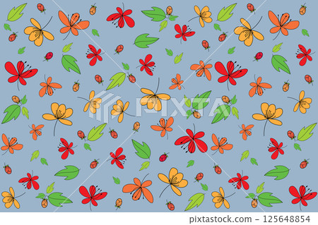 Repeating abstract drawing flower and leaf on grey background. Repeating abstract drawing flower and leaf on grey background. 125648854