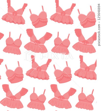 Vector seamless pattern with delicate pink bras. Texture with brassieres with ruffles on white background. Surface design with feminine swimsuit 125648894