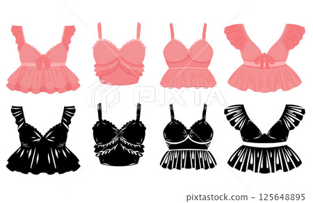 Set of delicate pink and black bras. Clip arts collection of brassieres with ruffles and bows. Feminine swimsuit isolated from the background. 125648895
