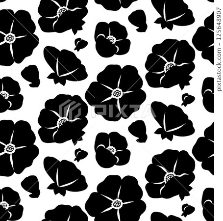 Vector pattern with black silhouette of flowers. Monochrome spring texture with sakura flowers on white background. Floral surface design 125648907