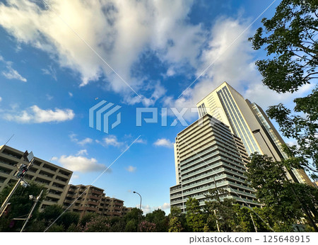 Urban high-rise apartment building with blue sky, white clouds and green plants, daytime 125648915