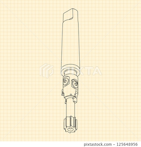 Mechanical engineering drawings. Tap tools, borer. Technical Design. Cover. Blueprint. Step Cutting Tool with Countersinking Function. Technical 3D Vector Illustration 125648956