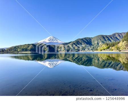 Mt. Fuji and spring mountains reflected in Lake Kawaguchi Mt. Fuji and spring mountains reflected in Lake Kawaguchi 125648996