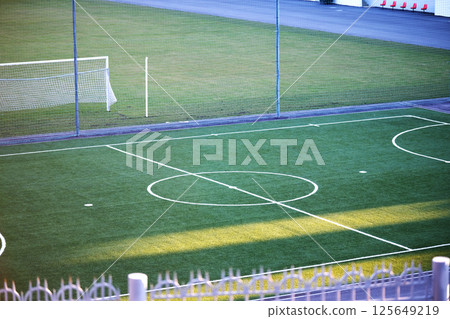 An empty football field. Gates, markings, empty stadium An empty football field. Gates, markings, empty stadium 125649219