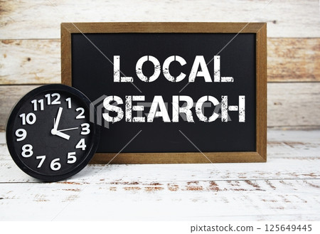 Local Search text message and alarm clock on wooden background 125649445
