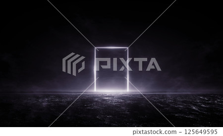 3D Rendering Abstract Door light fantastic scene. empty stage, room with light element, neon light, abstract light. Reflection on the wet surface of neon light. 125649595