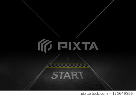 3D Rendering abstract race track start line racing asphalt light in dark street and smoke on night. 3D Rendering abstract race track start line racing asphalt light in dark street and smoke on night. 125649596