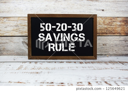 50-20-30 Savings Rule text message and alarm clock on wooden background 50-20-30 Savings Rule text message and alarm clock on wooden background 125649621
